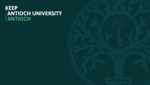 A zoom background showing the words "Keep Antioch University Antioch" against a dark blue background, with the Antioch seal watermarked.