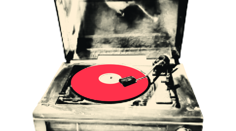 A comic book-esque styled record player
