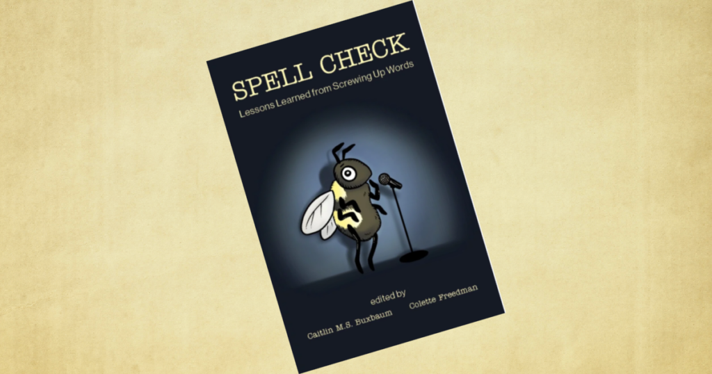 An image of a yellow weathered background with a small book entitled "Spell Check"